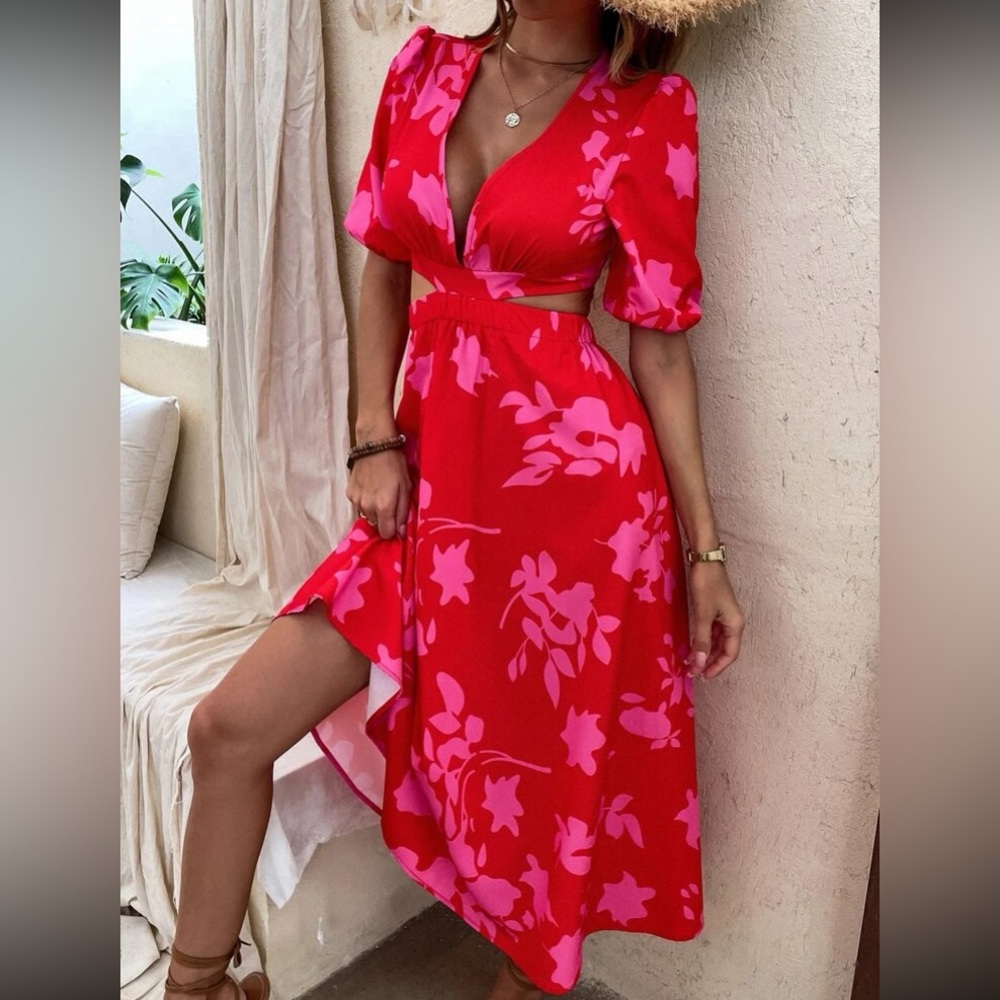 Boho red pink floral print cutout maxi dress - Picture 4 of 6